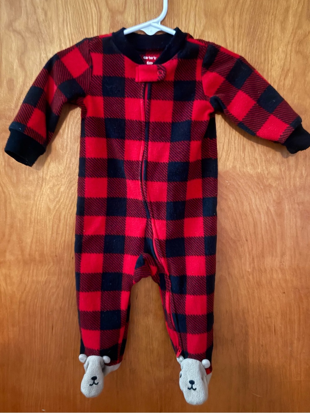 Carter's Red & Black Plaid Fleece One-Piece Footed Pajama, Bear Feet, 6 month